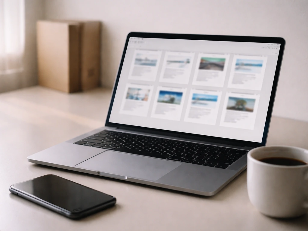 Close-up of laptop and phone on a desk with blurred investor filings thumbnails for tracking financial updates