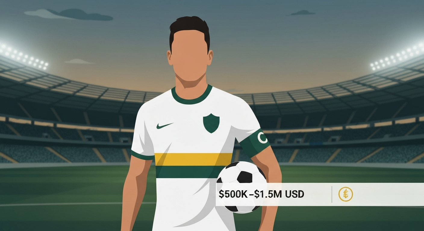 Editorial illustration of an anonymous Brazilian footballer in a generic kit standing in a stadium with an overlaid caption reading "$500K–$1.5M USD".