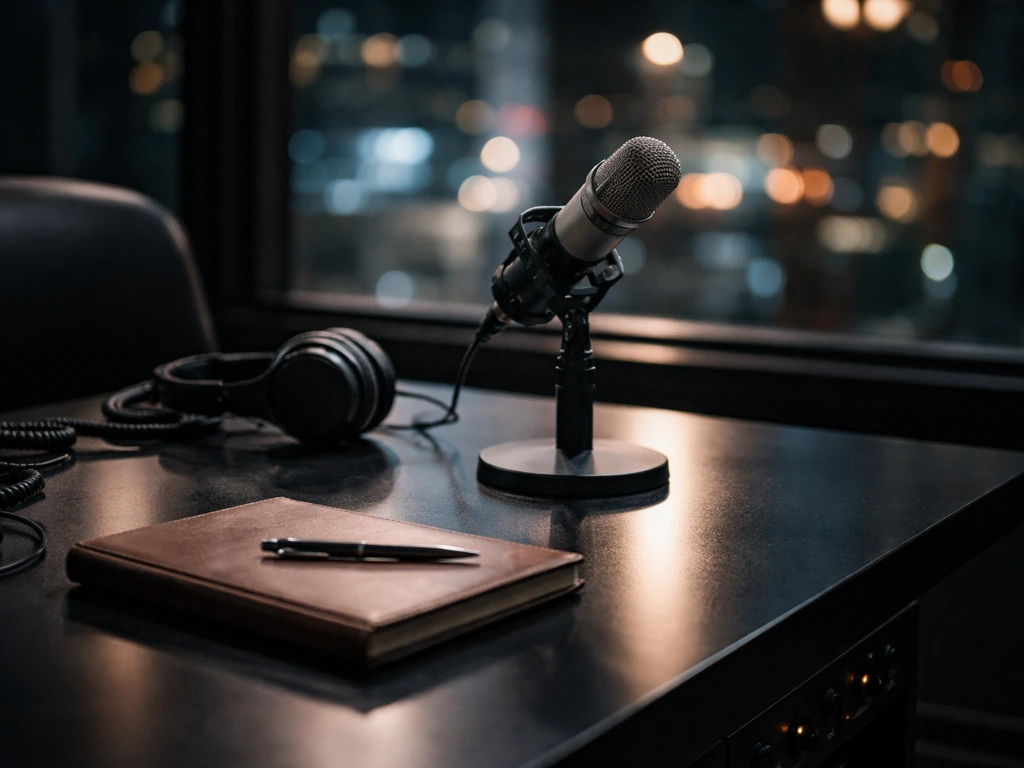 TV studio desk with microphone and headphones, suggesting an interview and media career.