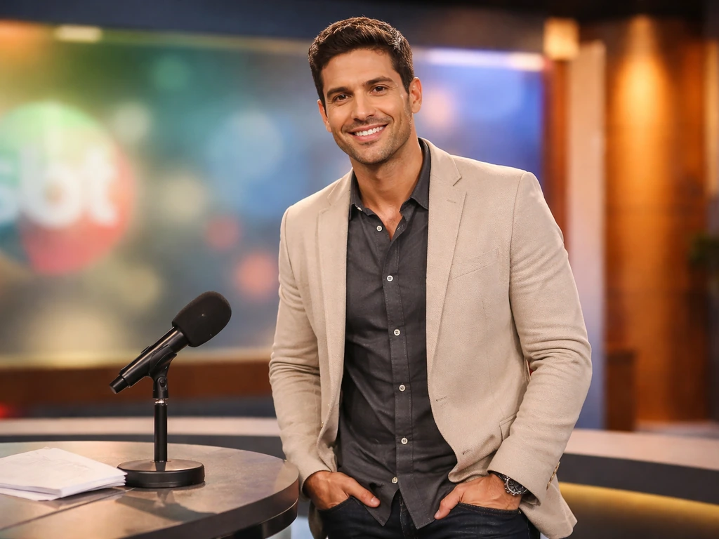 Anonymous Brazilian TV host on an SBT-like studio set with a desk microphone, blurred branding behind