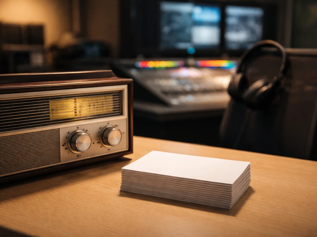Retro radio and a dim TV studio control room, symbolizing a career shift from radio to TV earnings.