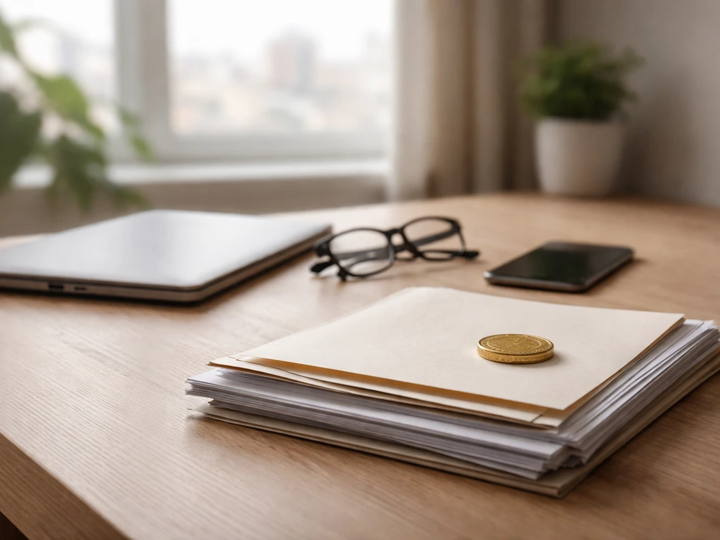 Minimal home-office desk with documents, phone, and a gold coin symbolizing net worth estimation