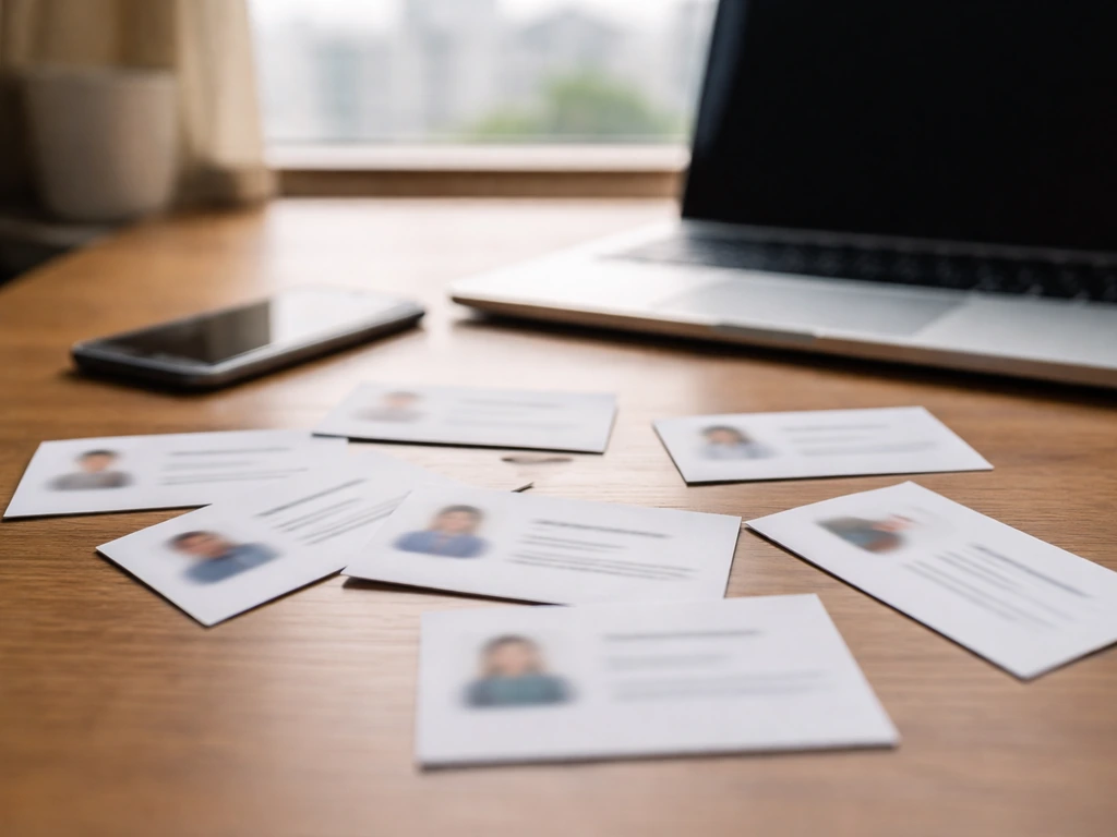 Minimal photo of blurred desk items and scattered profile-style cards showing identity mix-up for net worth.