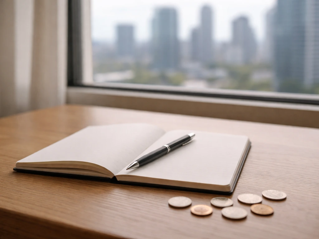 Minimal notebook with a pen beside scattered coins and a blurred city view, symbolizing income streams checklist
