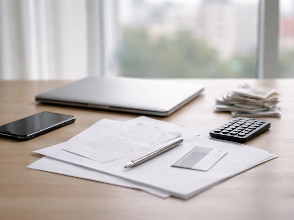 Minimal office desk scene with scattered documents, a calculator, and a smartphone suggesting changing net-worth figures