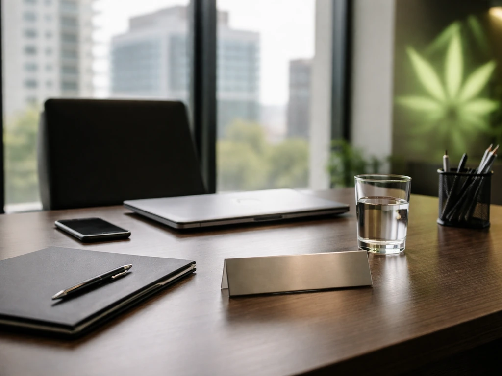 Minimal office desk with laptop and muted green corporate ambience, suggesting cannabis executive finance.