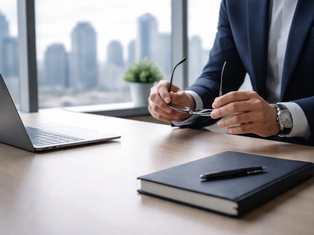 Anonymous hands at a modern office desk with a laptop and window skyline, symbolizing business profile verification.