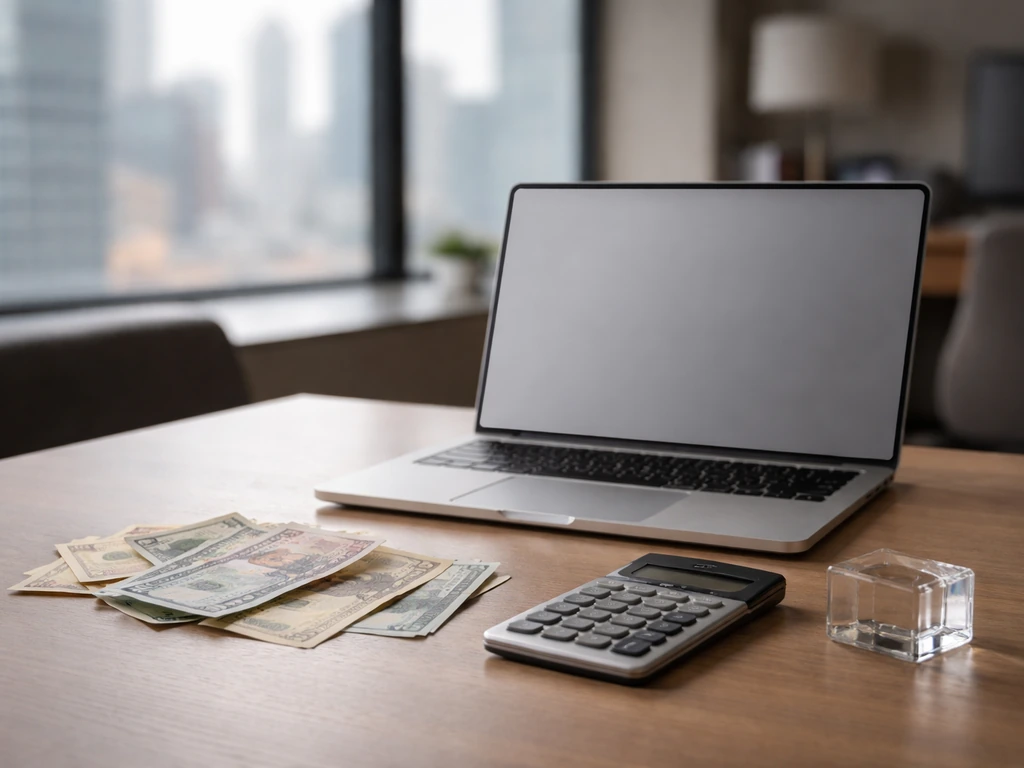 Minimal office desk scene with calculator and money, symbolizing a net worth estimate range.
