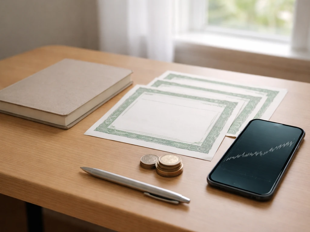 Minimal desk scene with share-certificate style papers, coins, pen, and a phone with a generic trend line.