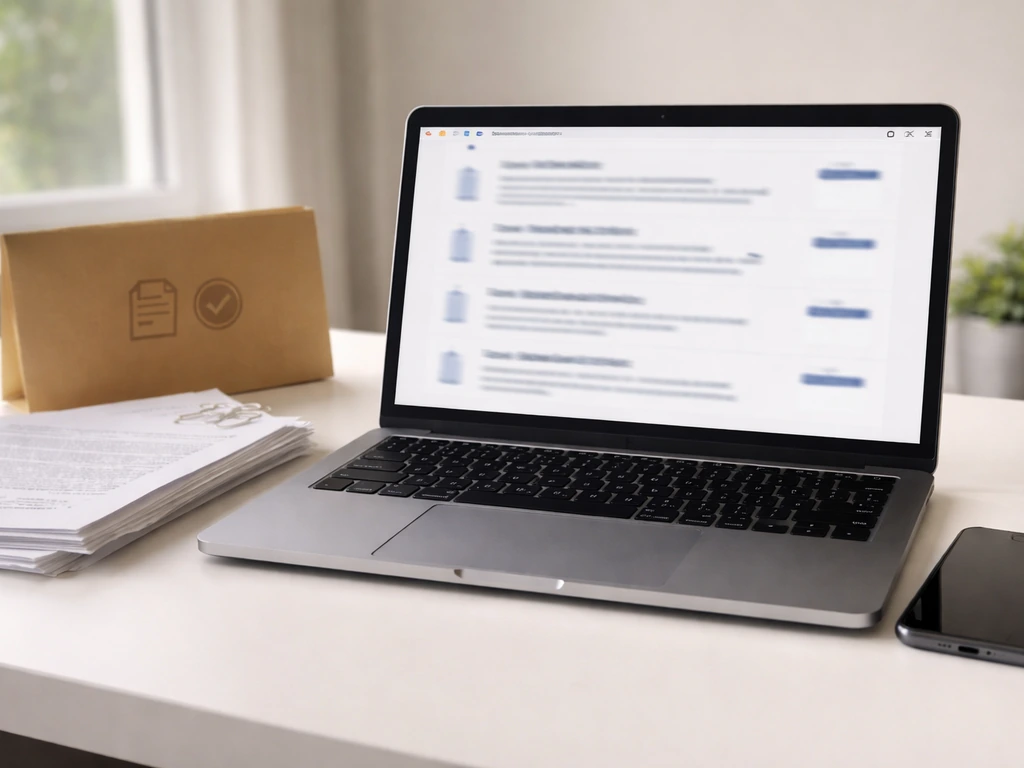 Minimal laptop-and-phone desk scene suggesting verifying filings on a securities database, no readable text.