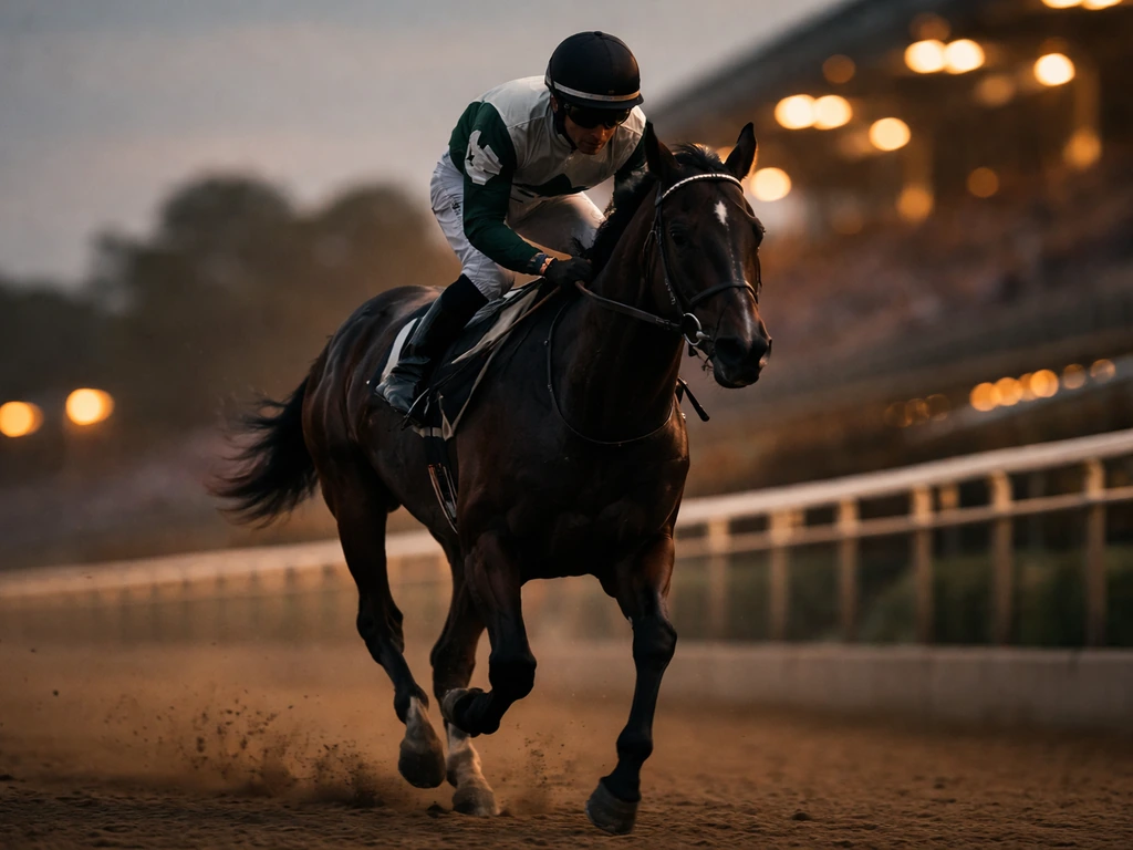 Anonymous jockey riding a racehorse at dusk on a quiet racetrack, wealth-themed minimal action scene.
