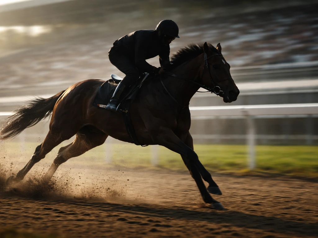 Jockey silhouette racing past a blurred track fence, symbolizing a successful sports career