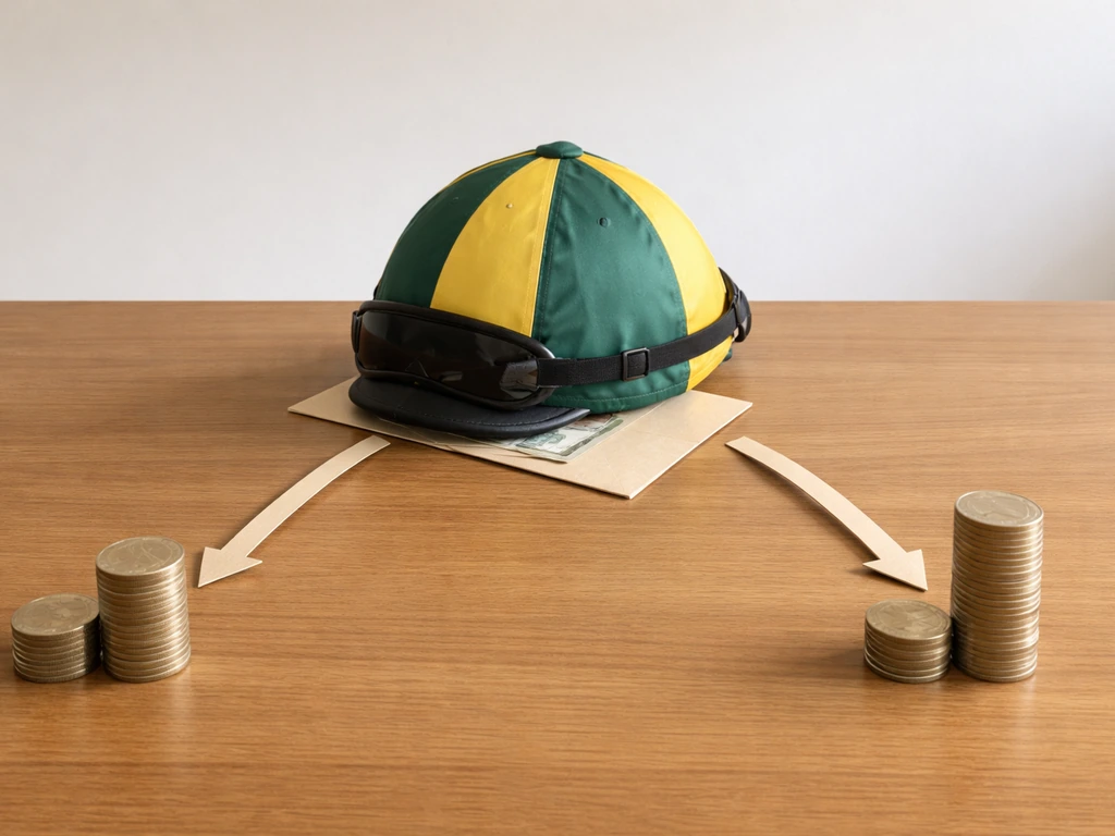 Coins and a jockey helmet on a table with simple ribbon arrows suggesting a payout split.