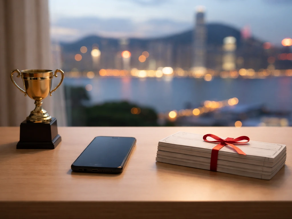 Minimal desk scene with a small trophy and blank tickets beside a phone, with blurred city lights outside.