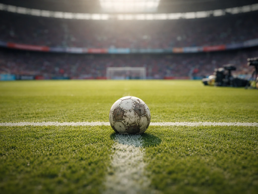 Worn football on a stadium pitch with softly blurred stands, suggesting professional soccer and public spotlight.
