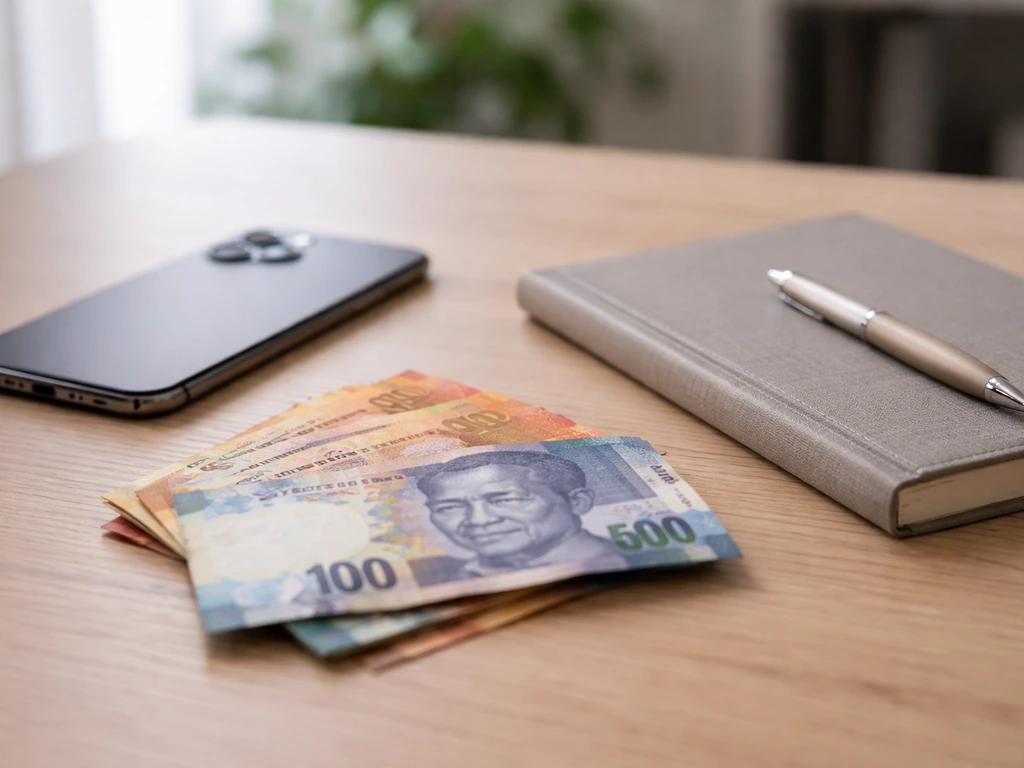 Close-up of a tidy desk with scattered cash, a smartphone, and a notebook in soft natural light