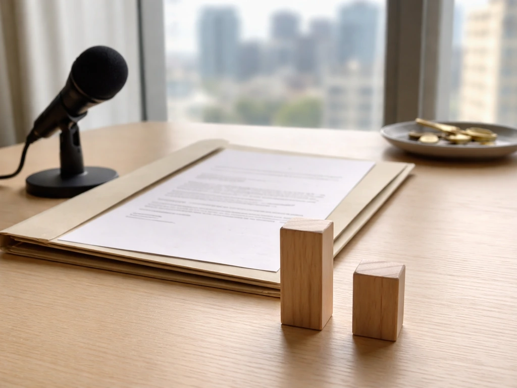 Unbranded contract folder, coins, key, and a microphone on a desk symbolizing shifting contract outcomes.