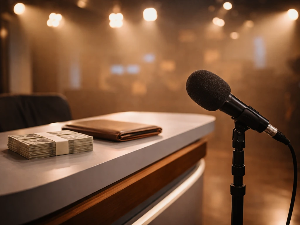 Empty Brazilian TV studio set with warm lights and a subtle money-and-media vibe