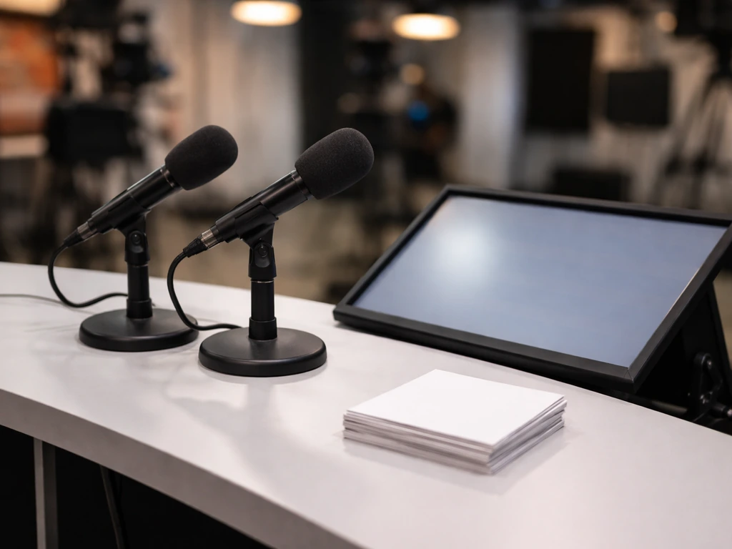 Close-up of a TV studio hosting desk with microphones and a blank teleprompter-style setup, no people.