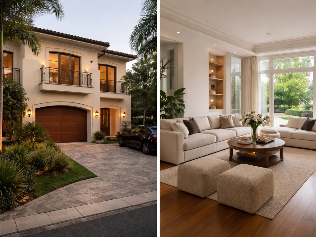 Minimal photo collage of a luxury Brazilian home exterior and refined interior, no people, no text.