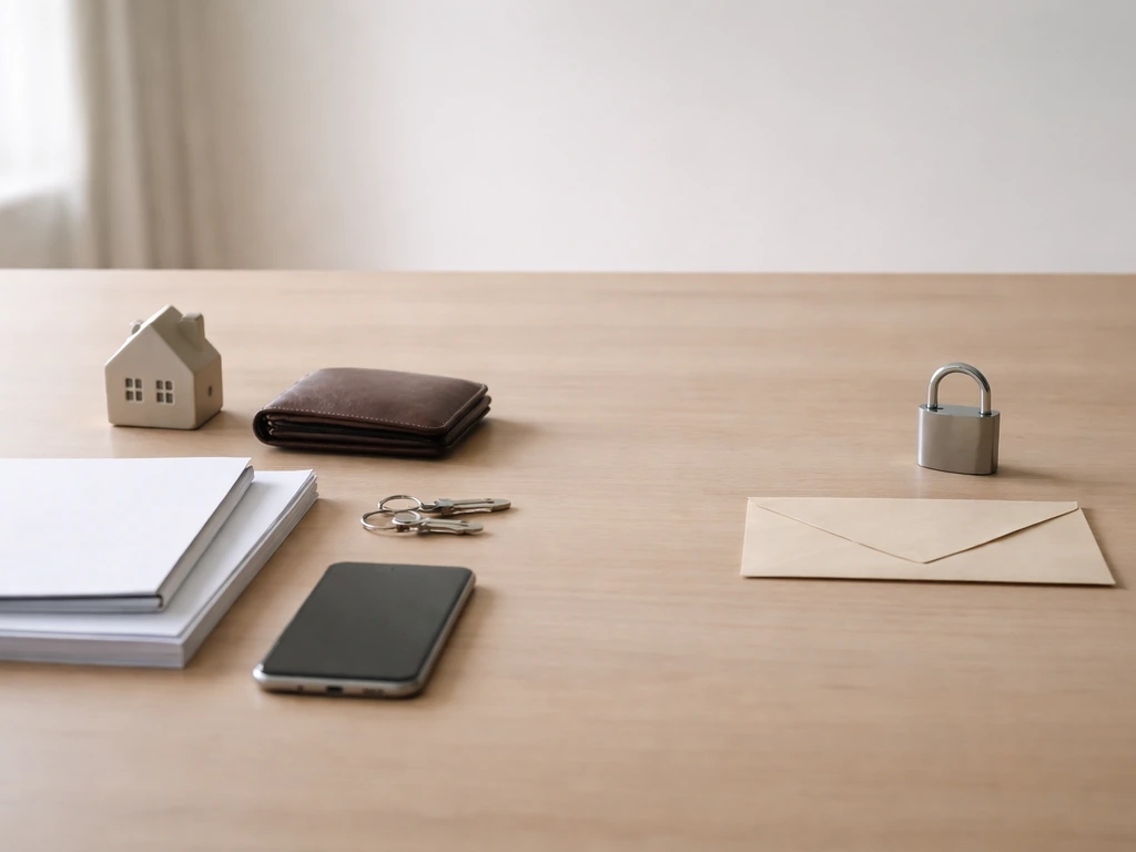 Minimal photo of a desk with scattered money-related items symbolizing assets minus liabilities