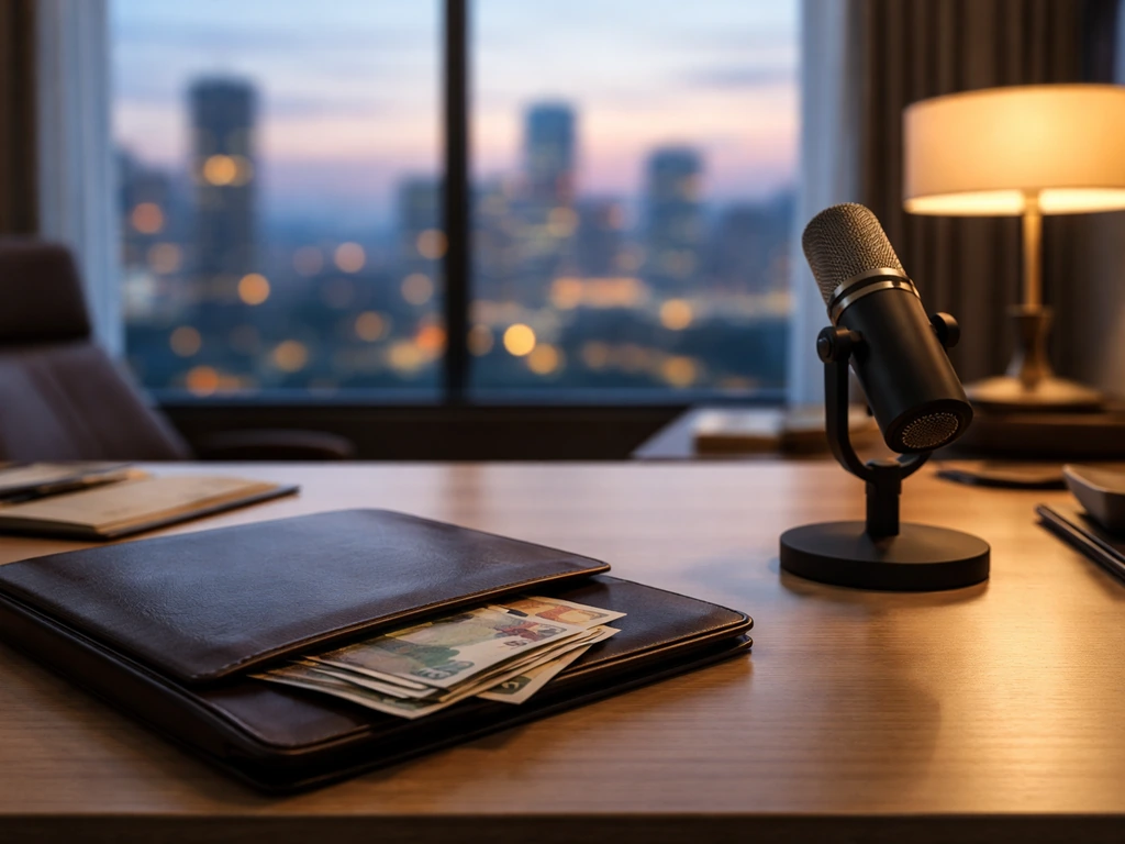 Luxury office desk with euro cash and a microphone, symbolizing finance analysis for an estimated net worth range.