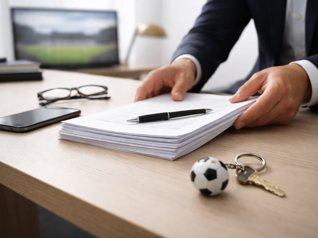 Anonymous hands in a modern office placing contracts and a football keychain next to a phone.
