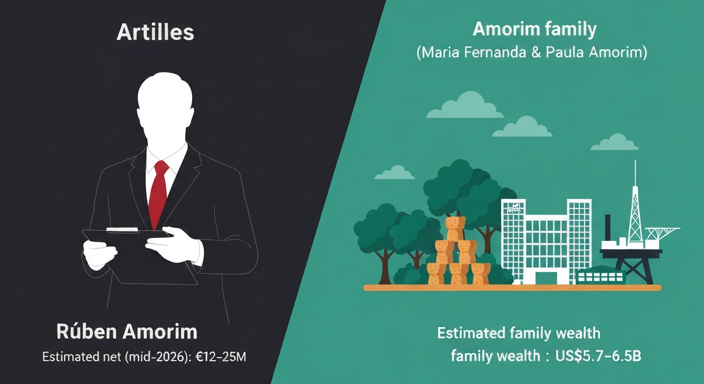 Split infographic: left — stylized football manager labeled Rúben Amorim with estimated net worth €12–25M; right — stylized corporate and cork imagery labeled Amorim family with estimated wealth US$5.7–6.5B.