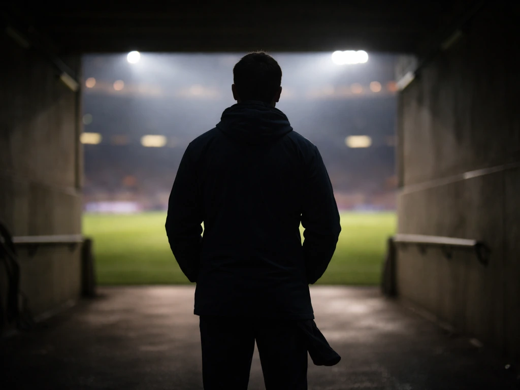 Anonymous football manager silhouette in a minimalist stadium tunnel at dusk, symbolizing Nuno’s coaching career.