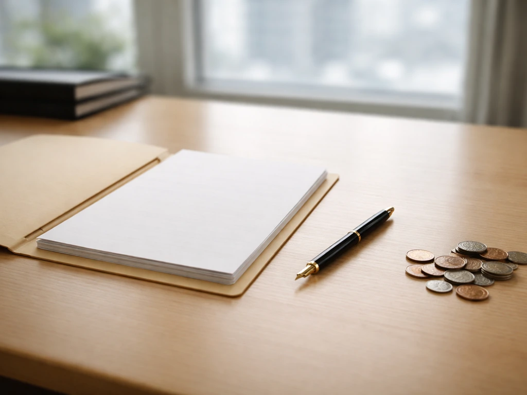 Minimal photo of a desk with an open folder, pen, and scattered coins symbolizing career-phase earnings