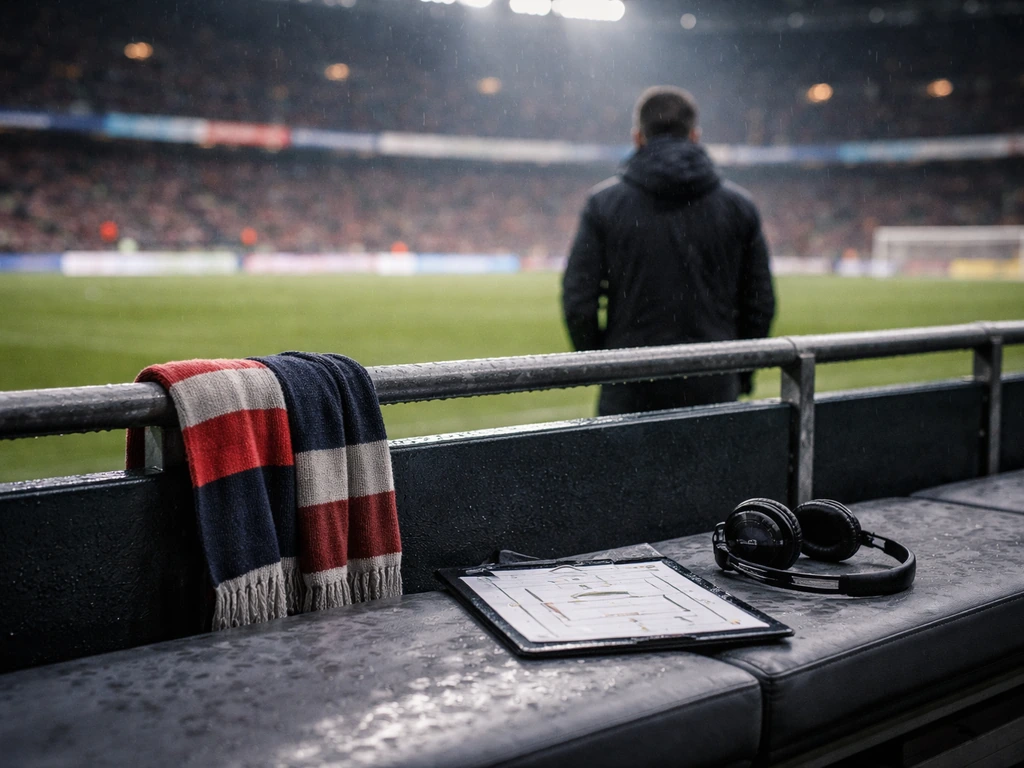 Matchday sideline technical area with anonymous coaching gear and a blurred pitch in the background.