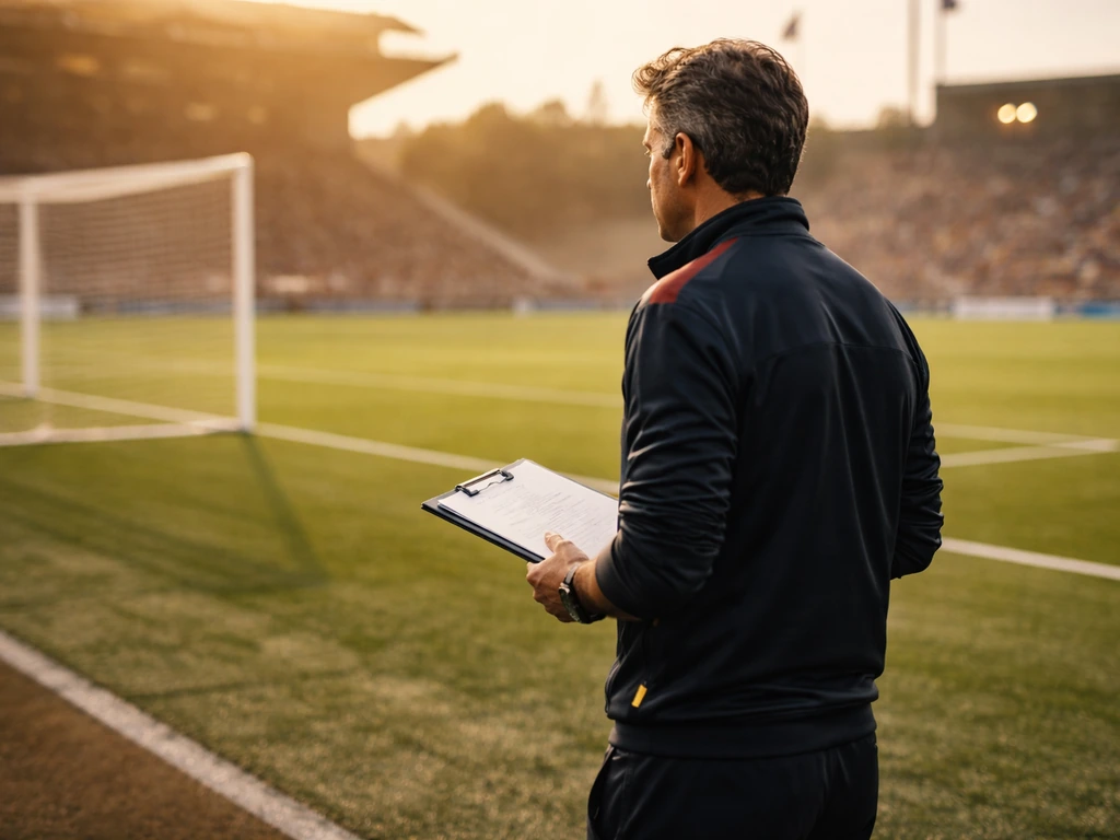 Anonymous football coach on a Saudi stadium touchline, warm sunlight, coaching-focused moment implying career jump.