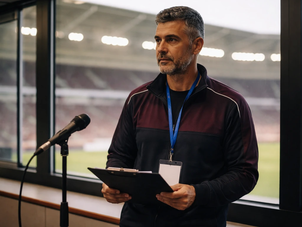 Anonymous football manager in a stadium press area near a microphone, lanyard and clipboard, blurred lights.