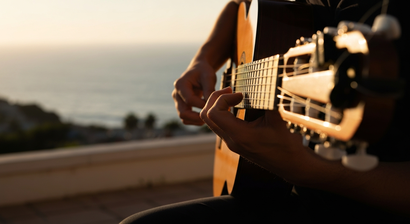 Close-up of hands playing a nylon-string acoustic guitar on a sunlit terrace overlooking the sea.