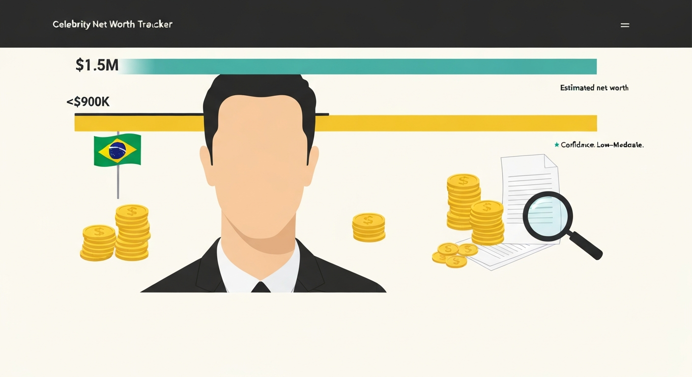 Flat-vector editorial illustration: a generic faceless silhouette beside a horizontal range bar labeled $500K–$1.5M with a midpoint marker (~$900K), magnifying glass over documents, stacks of coins, and subtle Brazilian flag colors; labeled 'Estimated net worth' and 'Confidence: Low–Moderate'.