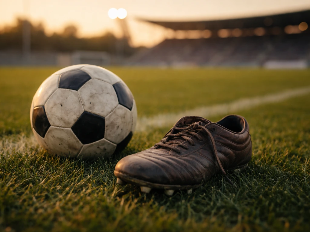 Empty football training pitch with a leather ball and boot near the grass in golden hour light.