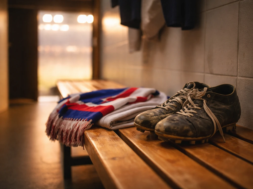 Vintage football boot and folded jersey on a locker-room bench with blurred stadium lights behind