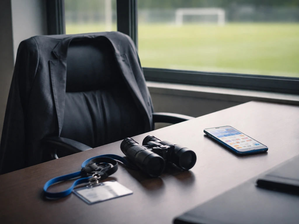 Quiet training-ground office desk with blurred pitch view, symbolizing Olympique Lyon sporting director work.