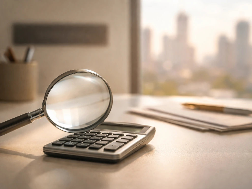 Magnifying glass over a calculator on a desk with a blurred city skyline backdrop, net-worth search vibe