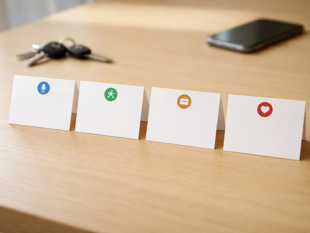 Four blank name cards with different colored badges on a tabletop, suggesting multiple identities.