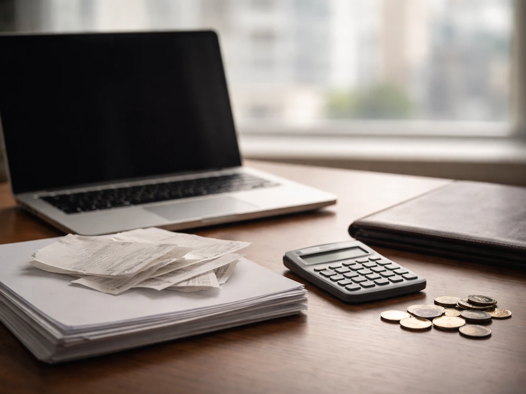 Minimal desk scene with laptop, coins, and documents symbolizing net worth estimation inputs