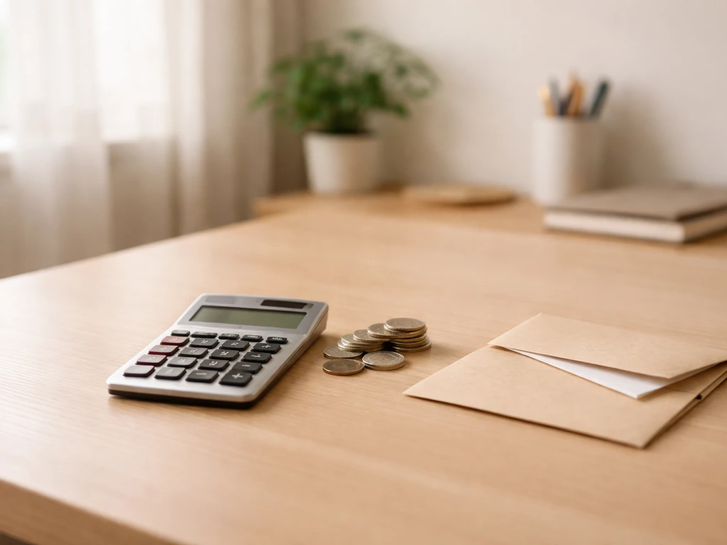 Minimal photo of a tidy desk with a calculator, coins, and a single sheet symbolizing assets vs liabilities