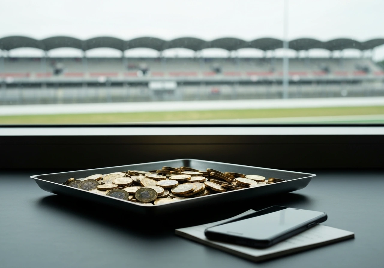 Symbolic money and media scene in a racing setting, suggesting jockey wealth estimation without showing any person