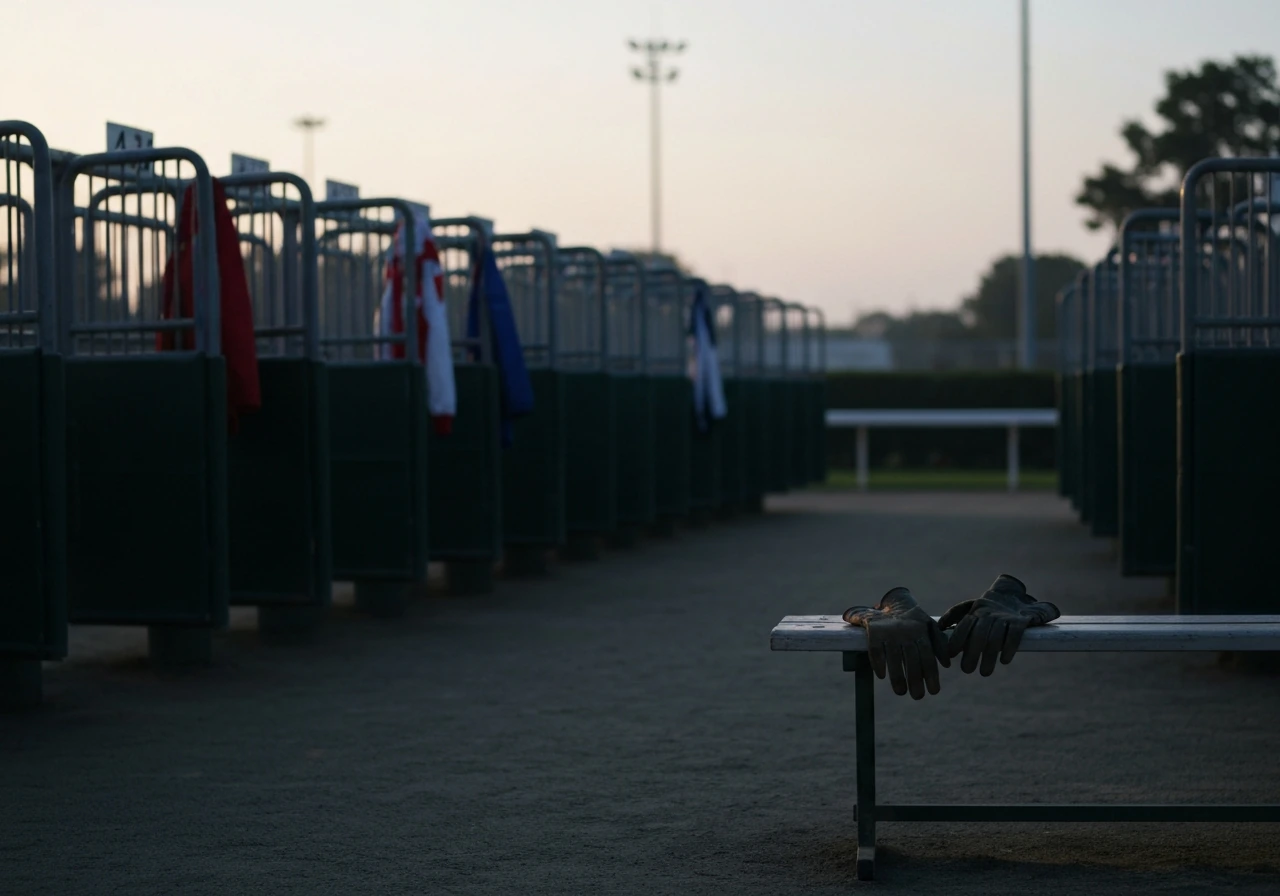 Empty racetrack with racing silks hanging and gloves on a bench, symbolizing jockey identity.