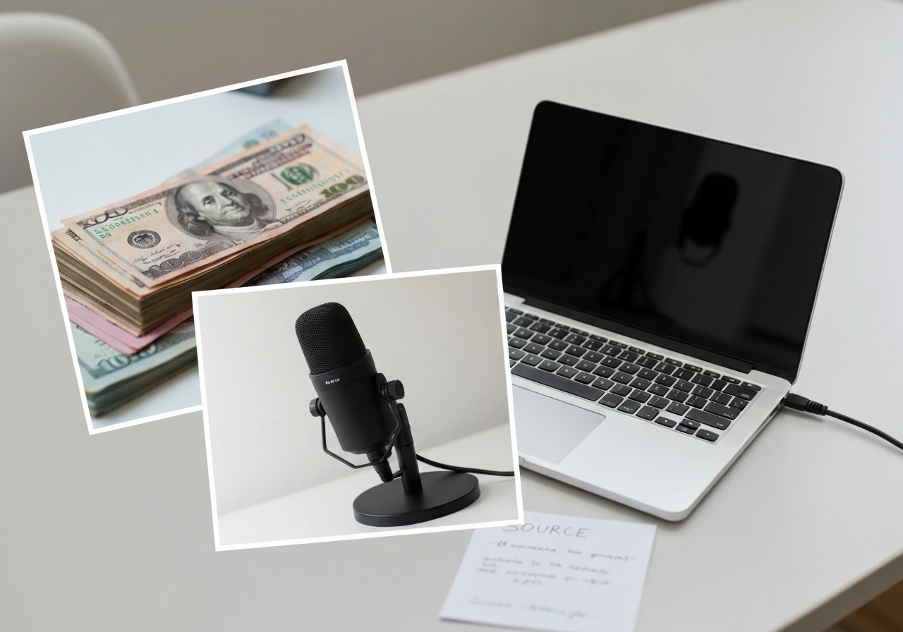 Minimal desk collage: blurred money stack, open laptop reflection, and studio microphone implying net-worth sources.
