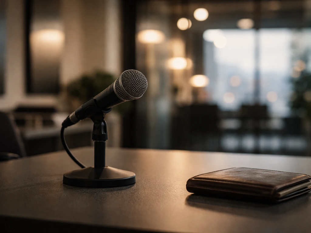 Minimal Hong Kong-style racing media desk with microphone and wallet, symbolizing endorsements and sponsorships.