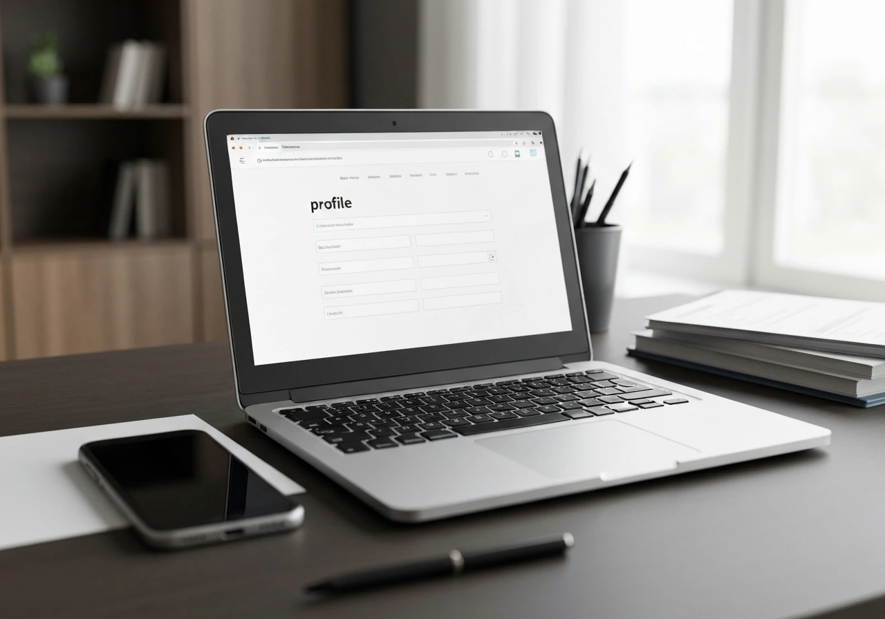 Minimal desk scene with laptop showing a generic profile page layout, suggesting verification workflow.