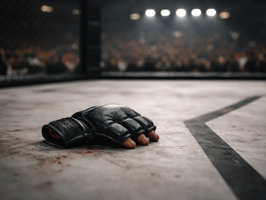 MMA arena floor with a clenched-glove on the ground, suggesting a fighter’s career and net-worth curiosity