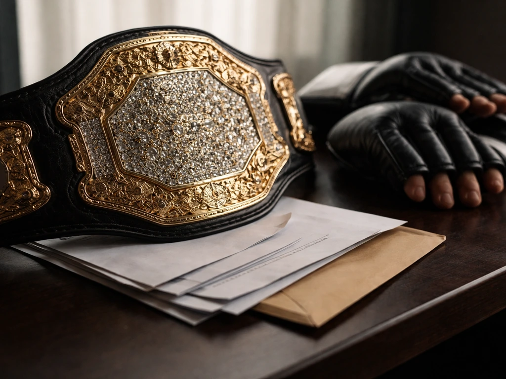 Close-up of a championship belt and MMA gloves with contract-like papers suggesting fight purses and bonuses