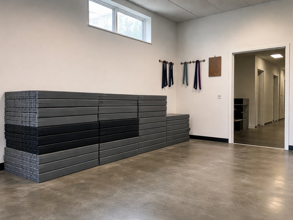 Minimal martial arts gym interior with training mats and hanging belts, no people.